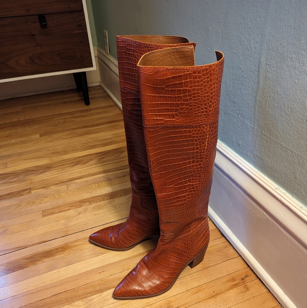 NWOB - Franco Sarto - Shannon Tall Boot - Brown Leather Croc - 8.5